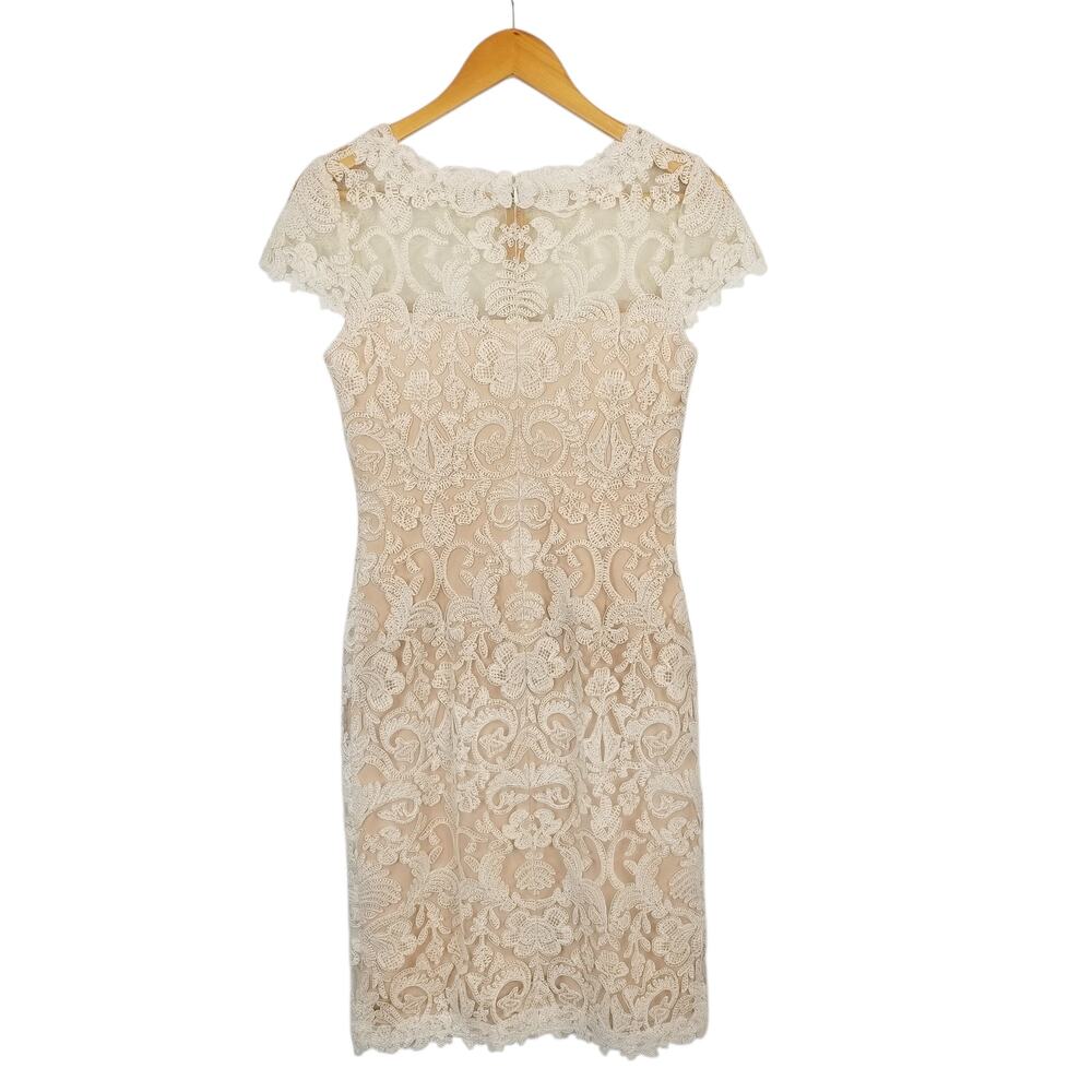 Tadashi Shoji Women's Lace Overlay Cap Sleeve Sheath Dress Ivory Nude Size 4 - Picture 3 of 8